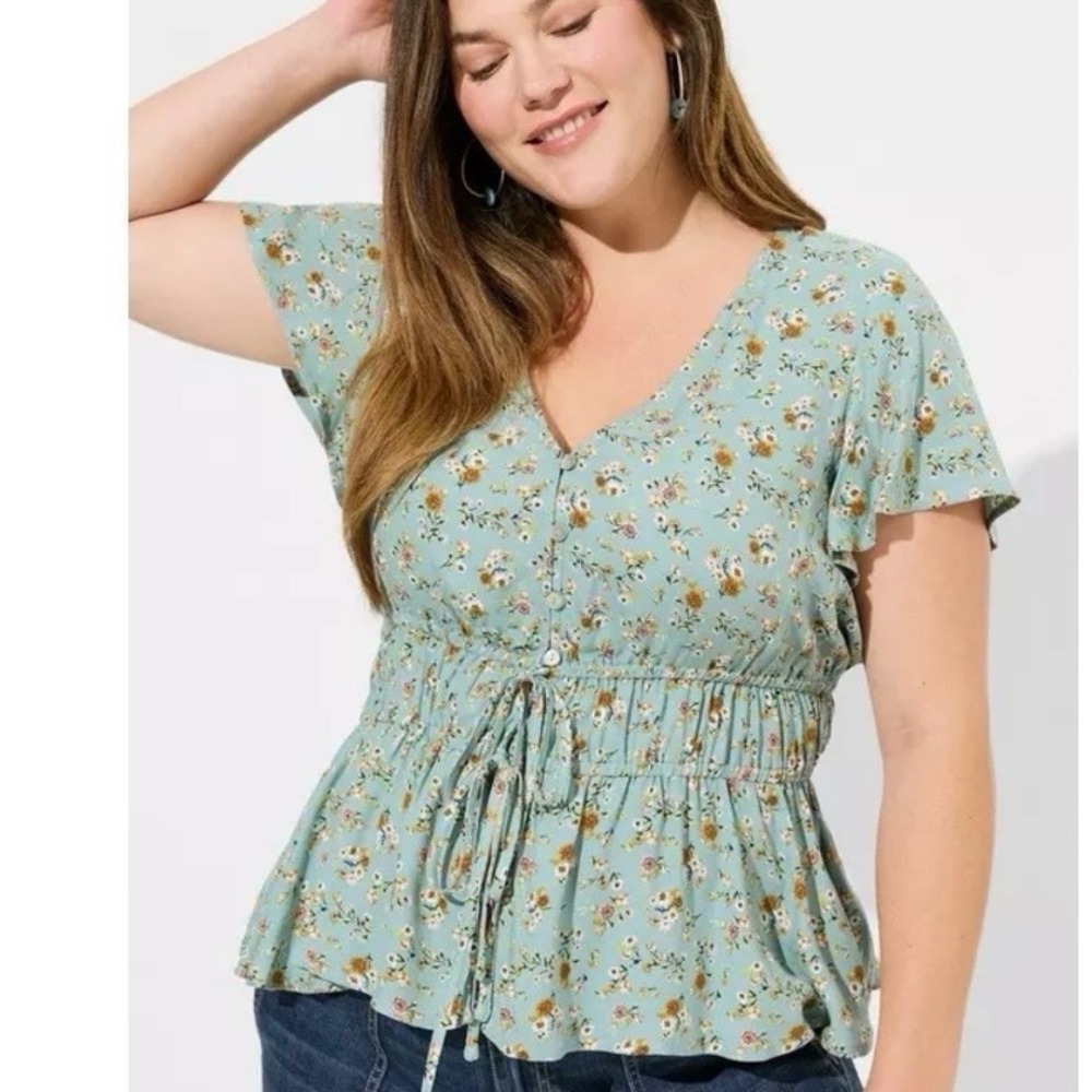 Torrid Green Floral Gauze Flutter Sleeve Tie Waist‎ Boho Top Feminine  4X